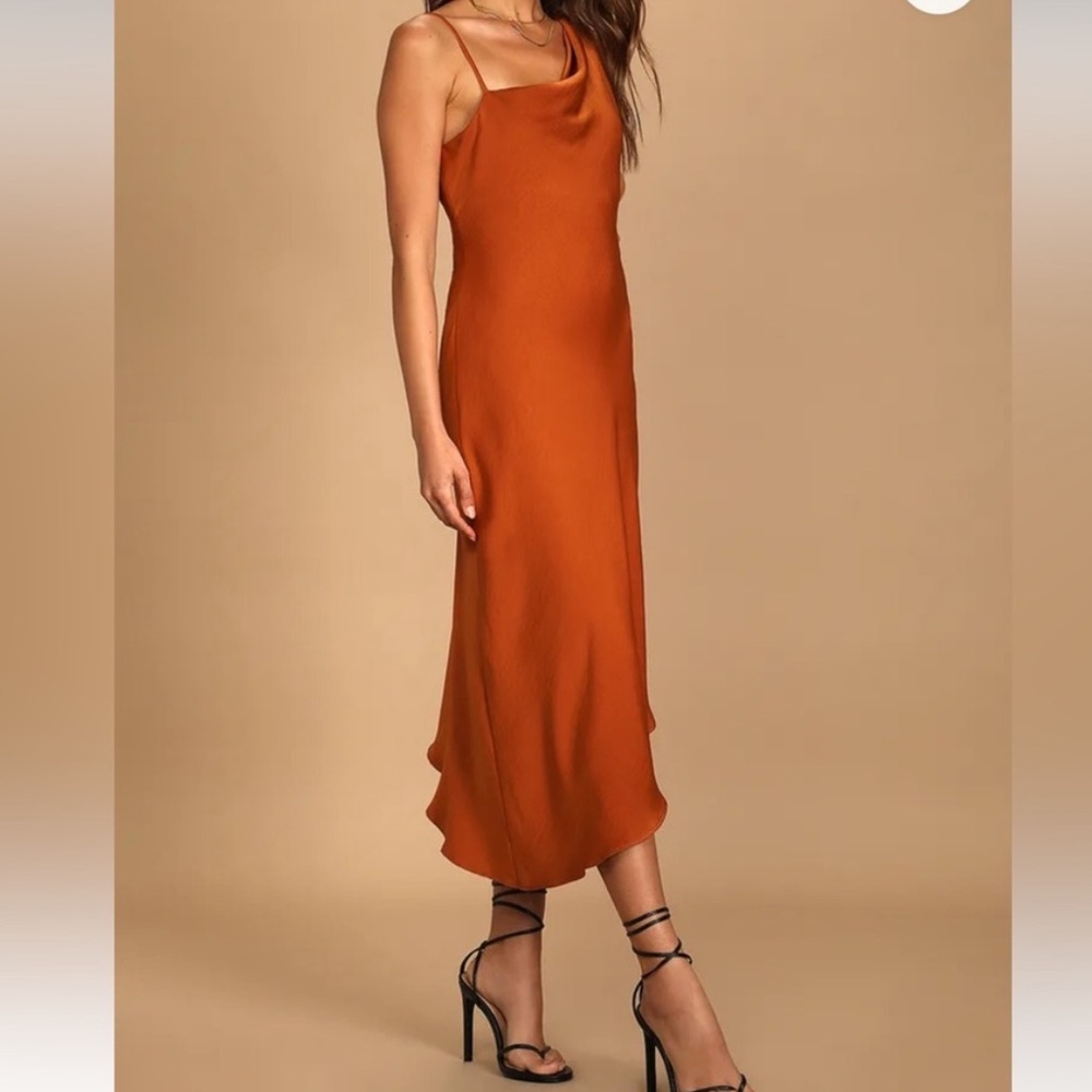 Lulu's One Shoulder Asymmetrical Rust Orange Evening Cocktail Dress